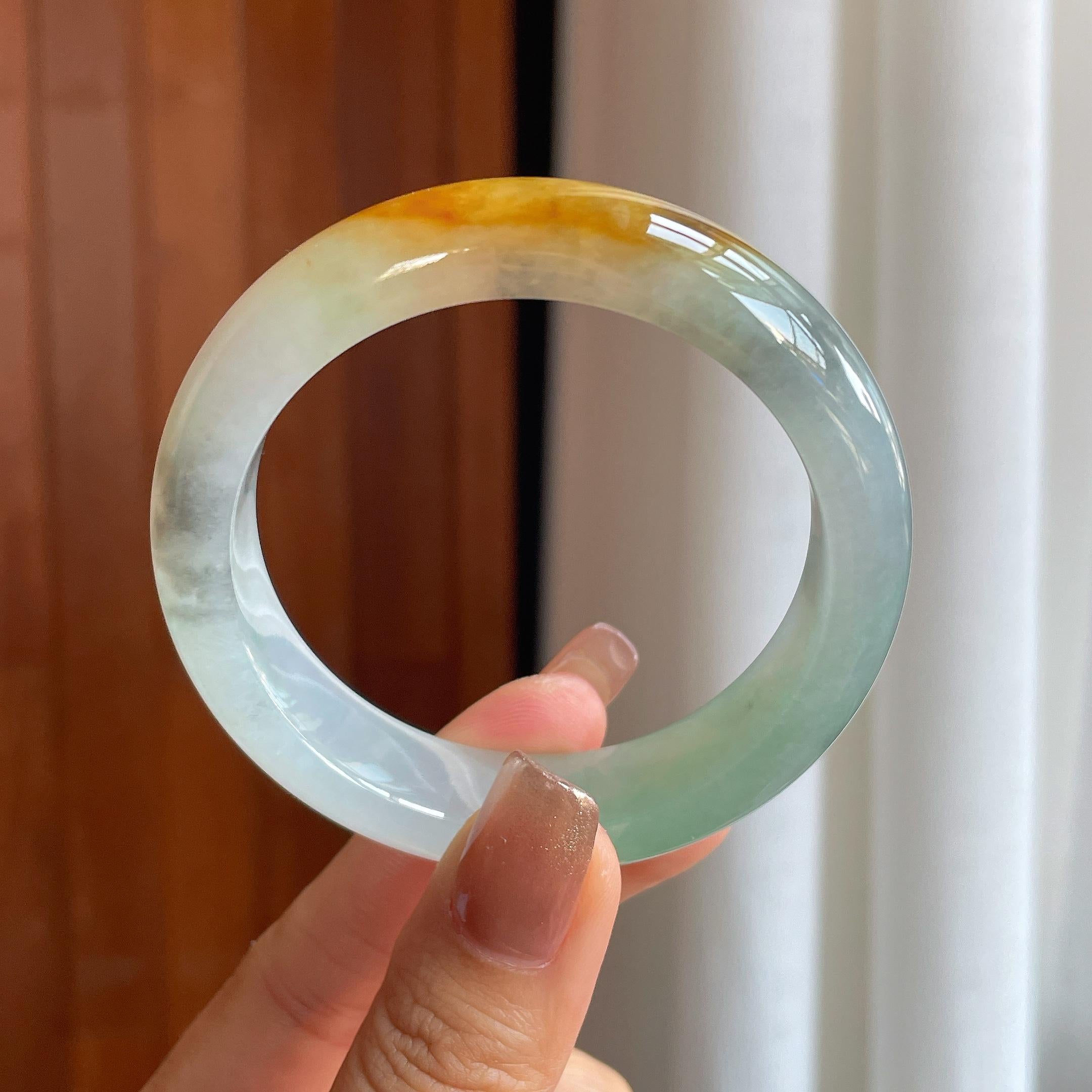 糯冰黄加绿翡翠平安镯（53.7mm)（yc365758）