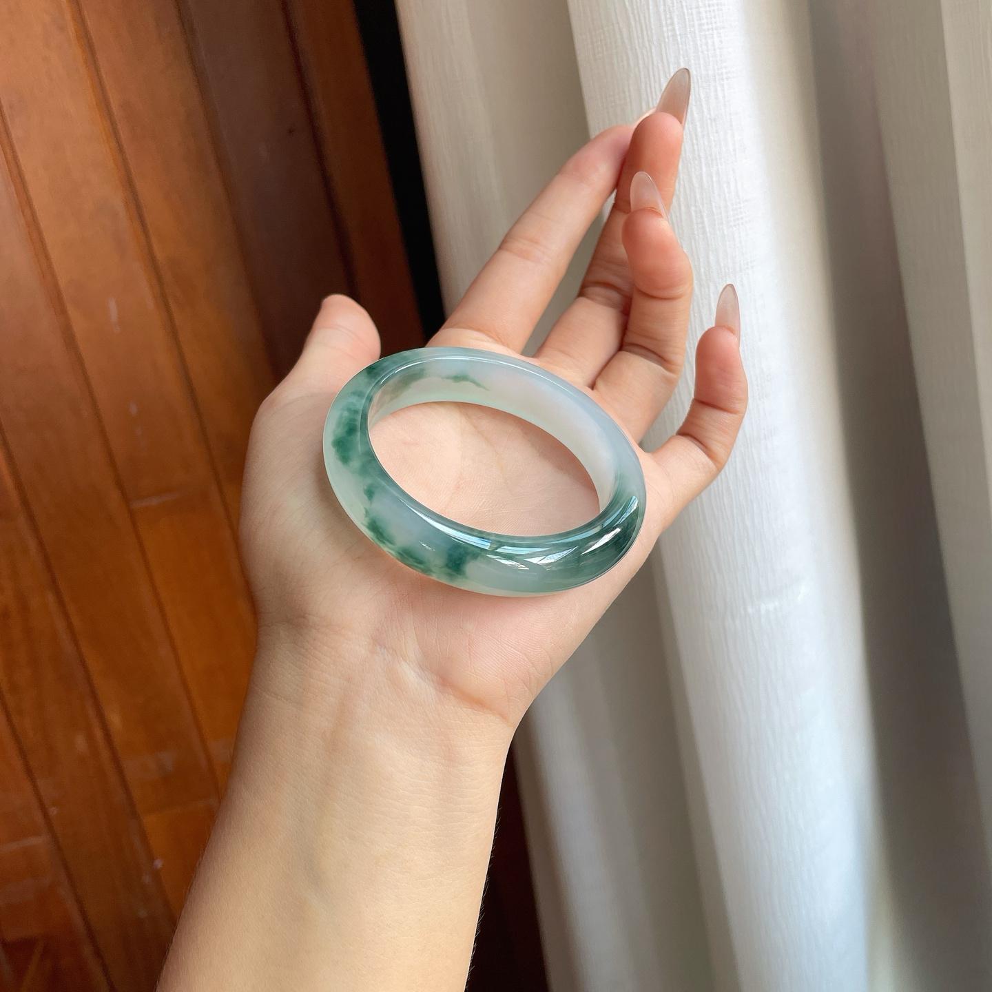 冰种飘蓝花翡翠平安镯（53mm）（yc228073）