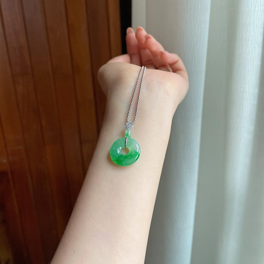 18k金扣头冰种飘花翡翠平安扣（yc363627）