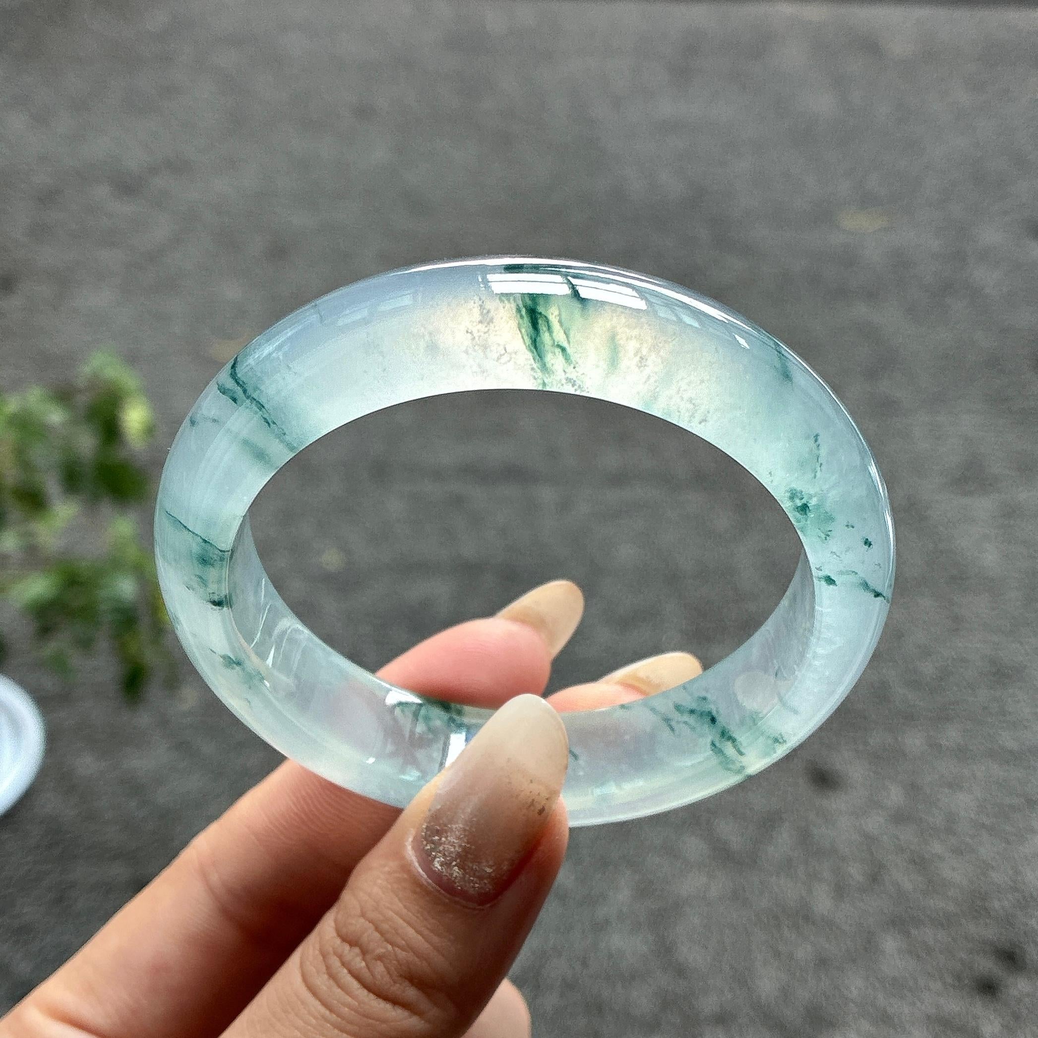 高冰种起光飘花正圈平安镯 56圈 天然缅甸翡翠Ａ货（yc487457）