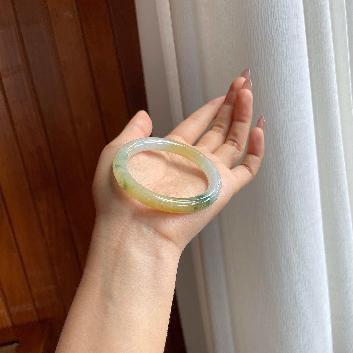糯冰黄翡飘花翡翠圆条手镯（52.5mm）（yc361781）