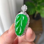 18K金钻镶糯冰种满绿叶子吊坠（yc248212）