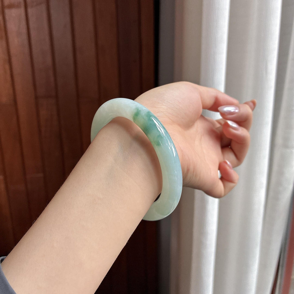糯冰飘花圆条手镯 58圈 天然缅甸A货翡翠（yc504724）