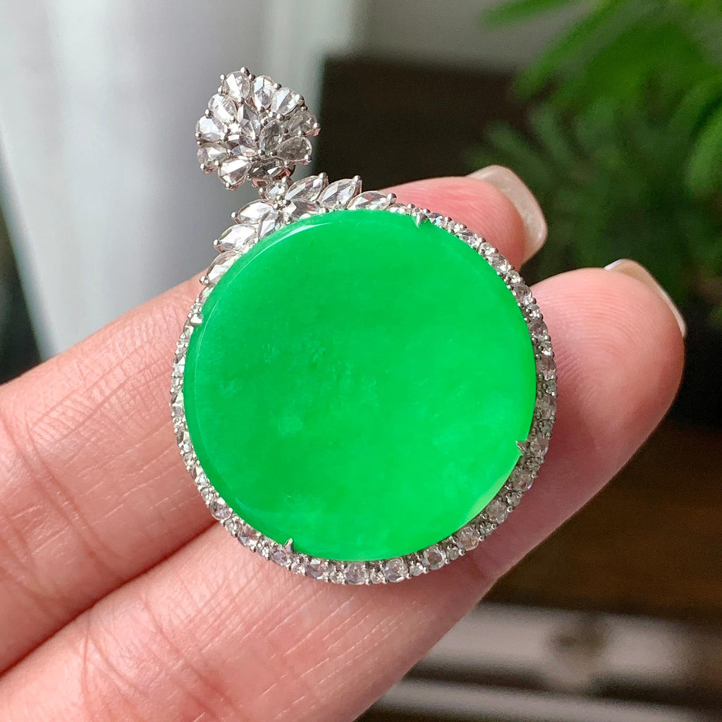 18K金钻镶糯冰种满绿无事牌吊坠 天然缅甸A货翡翠（yc361146）