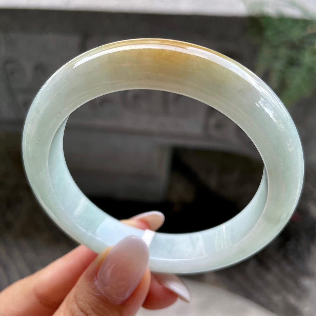细糯种淡晴底飘黄翡正圈平安镯  57.2圈   天然缅甸A货翡翠（yc407873）