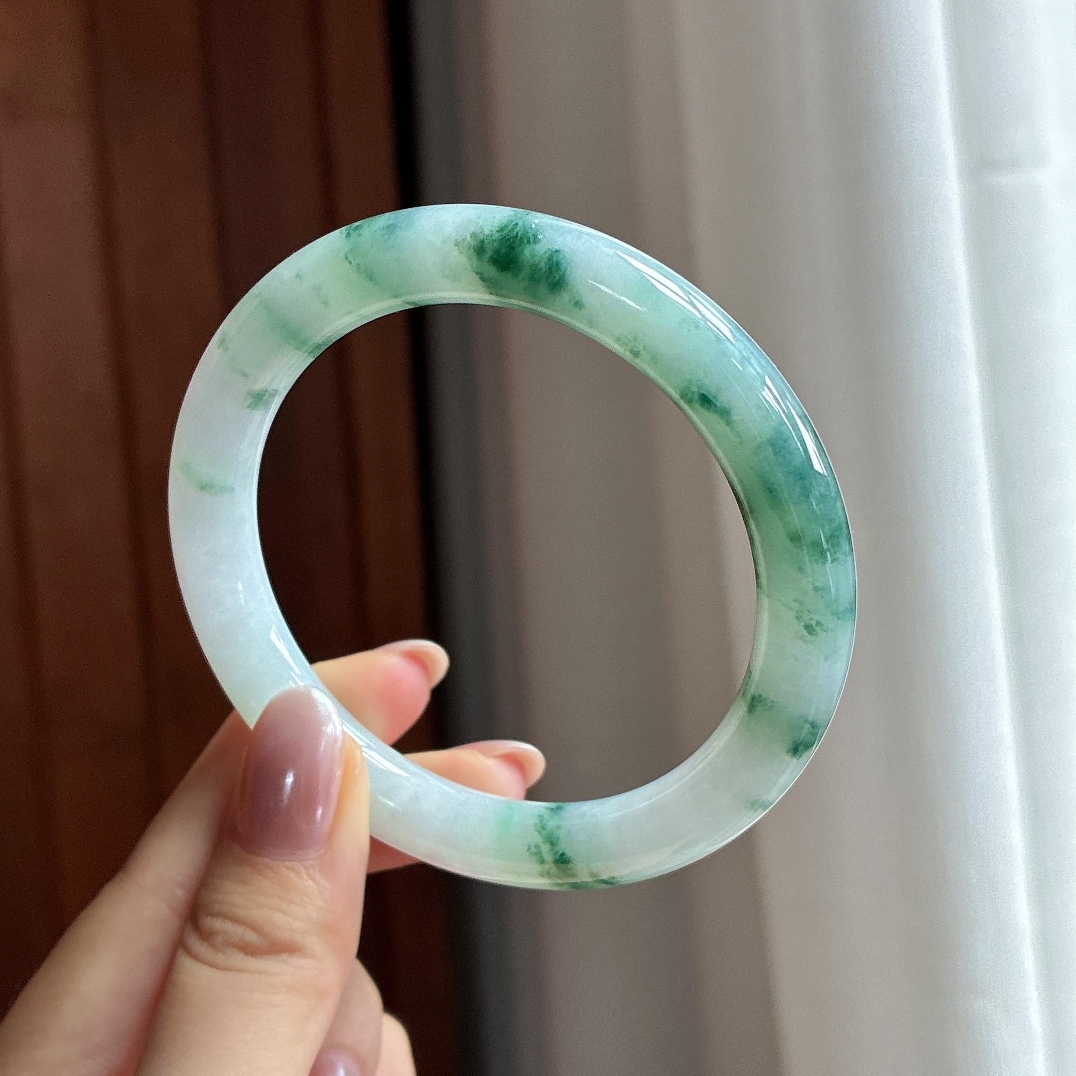 糯冰飘花圆条手镯 57圈 天然缅甸A货翡翠（yc502418）