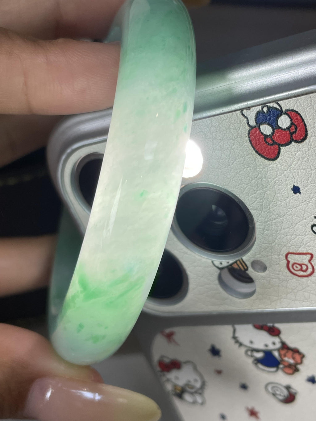 小圈口 细糯种晴底飘绿花正圈平安镯53.8圈 天然缅甸A货翡翠（yc489317）