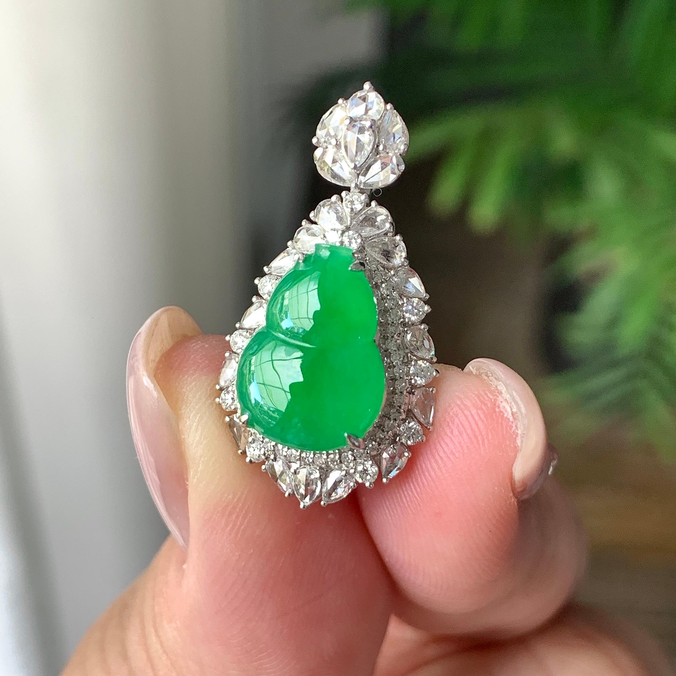 18K金钻镶糯冰种满绿葫芦吊坠 天然缅甸A货翡翠（yc399278）