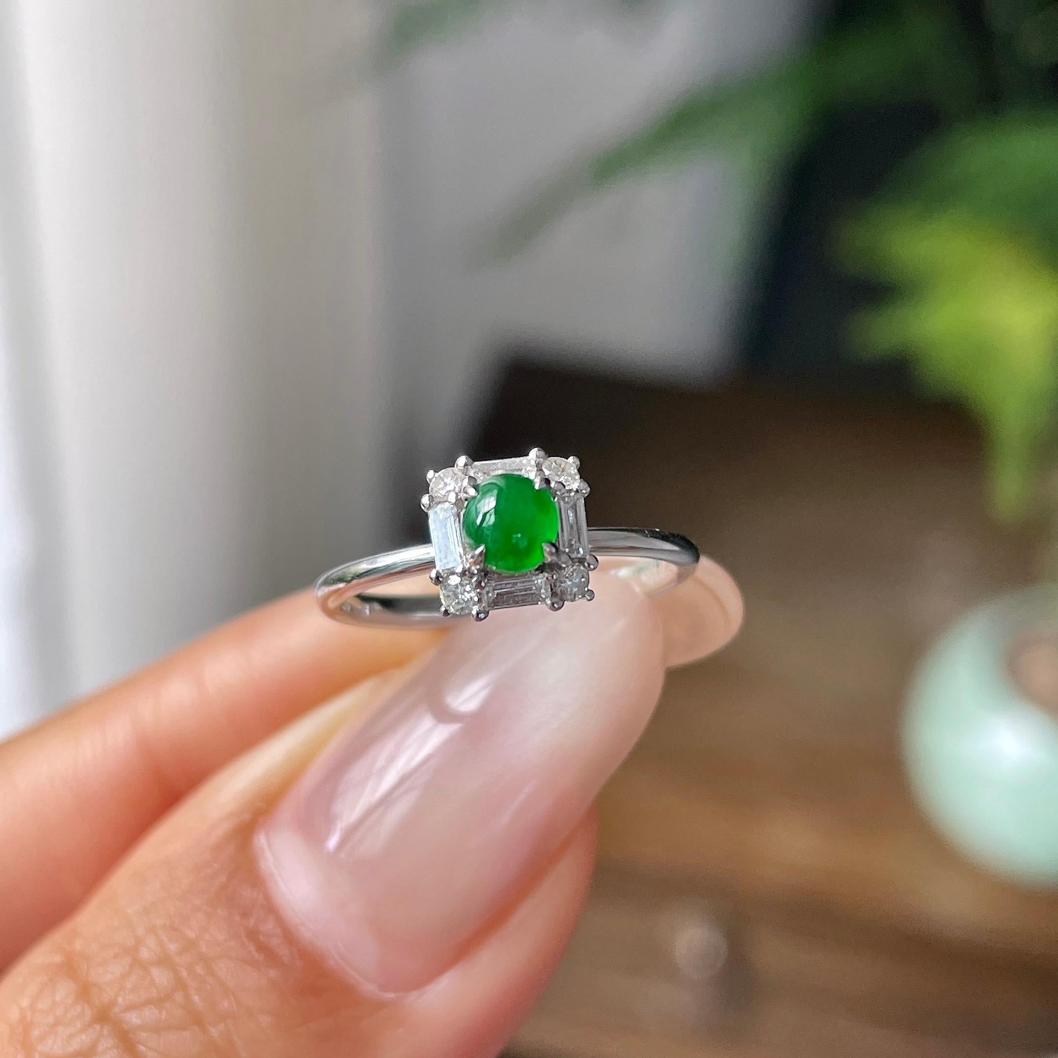 18k金钻镶冰种满绿蛋面戒指    天然缅甸A货翡翠（yc349983）