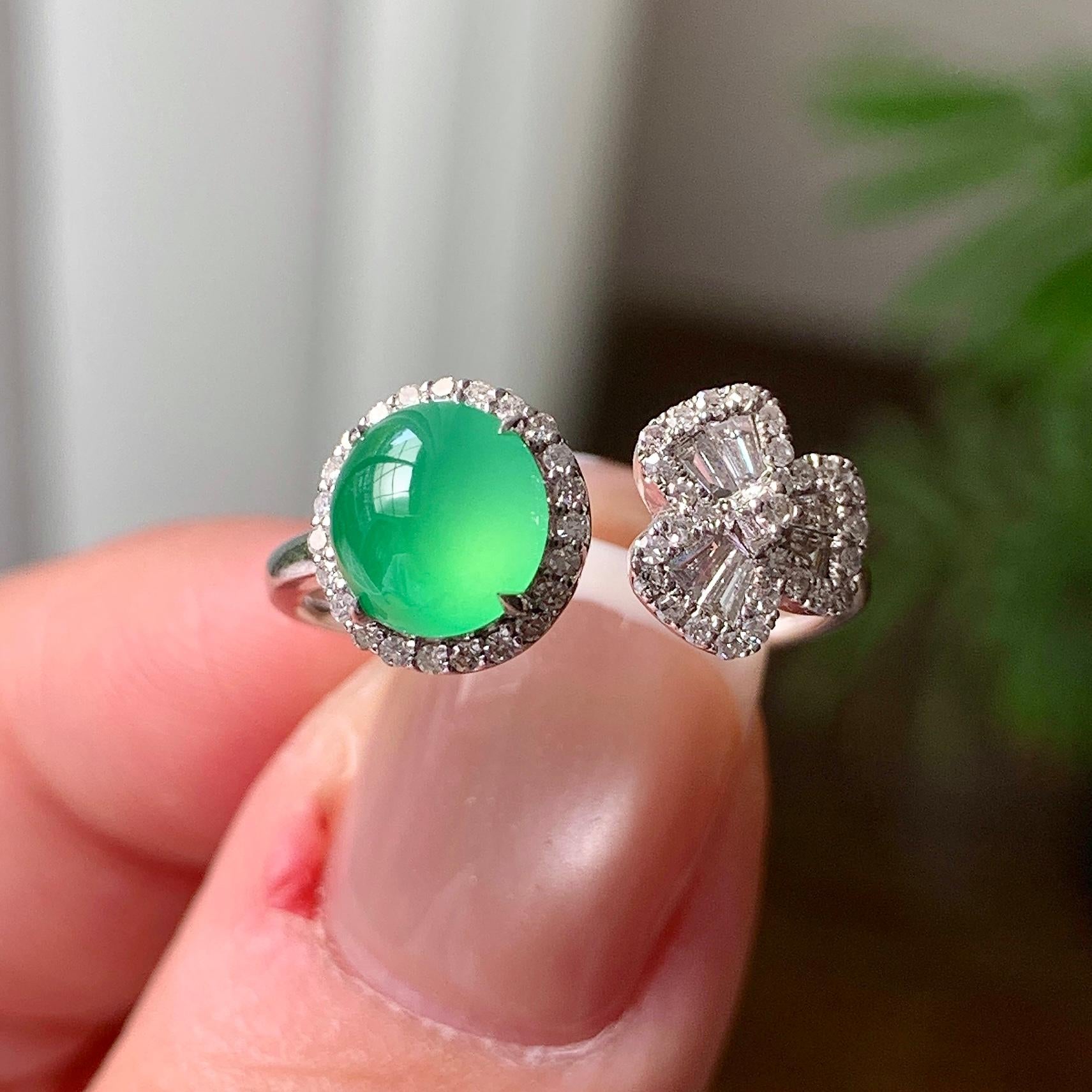 18K金钻镶糯冰种晴水蛋面戒指  天然缅甸A货翡翠（yc361130）