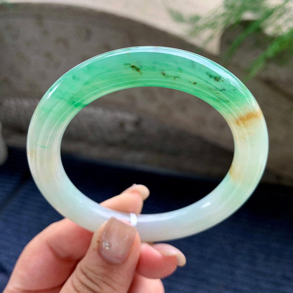 大圈口 糯冰种翠绿飘花洒金圆条手镯 59圈口 天然缅甸A货翡翠（yc464046）