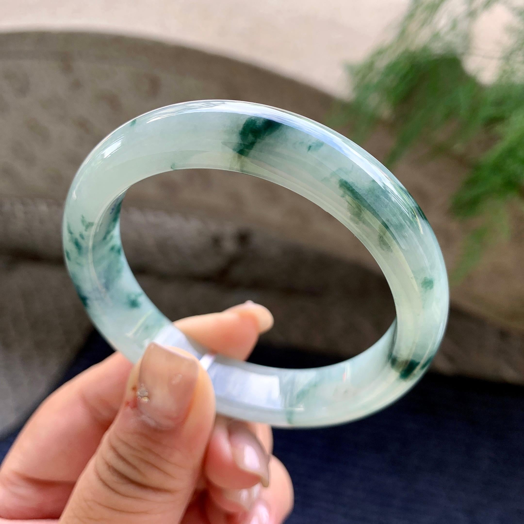 细糯种飘蓝花正圈平安镯 56.5圈口 天然缅甸A货翡翠（yc462939）