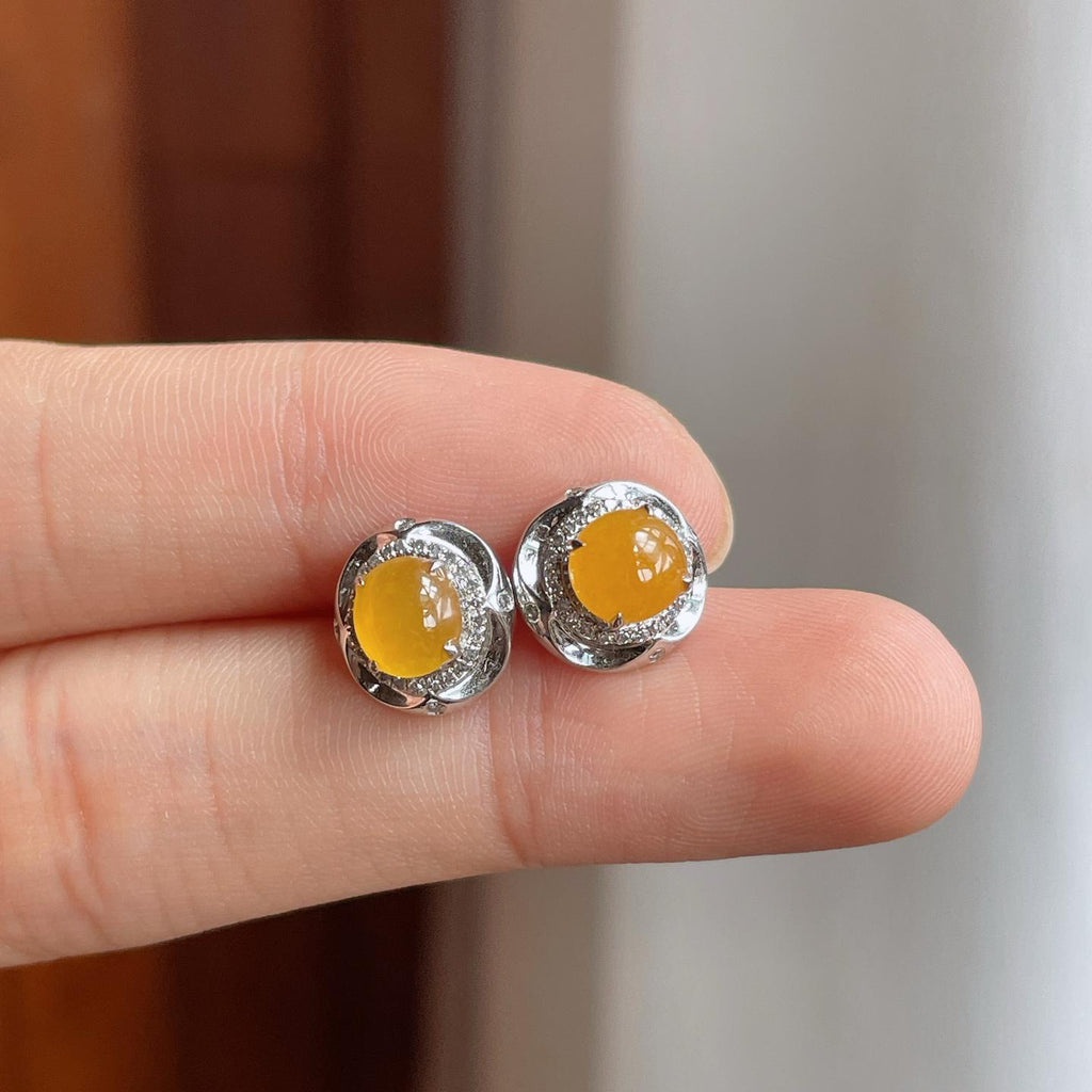 18k金钻镶糯冰黄翡翡翠耳钉（yc257282）