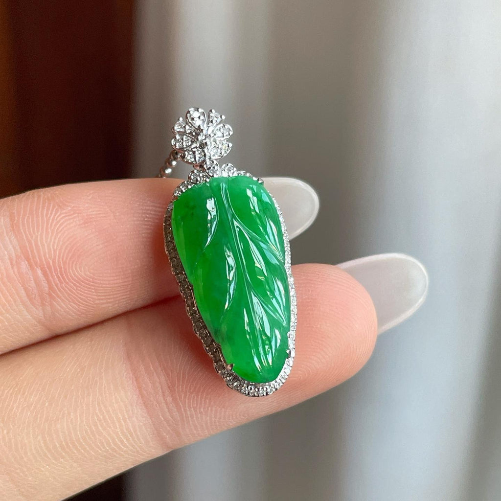 18k金镶糯冰满绿翡翠叶子（yc258412）