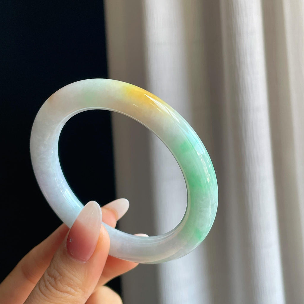 糯冰黄加绿翡翠圆条手镯（53mm）（yc295022）