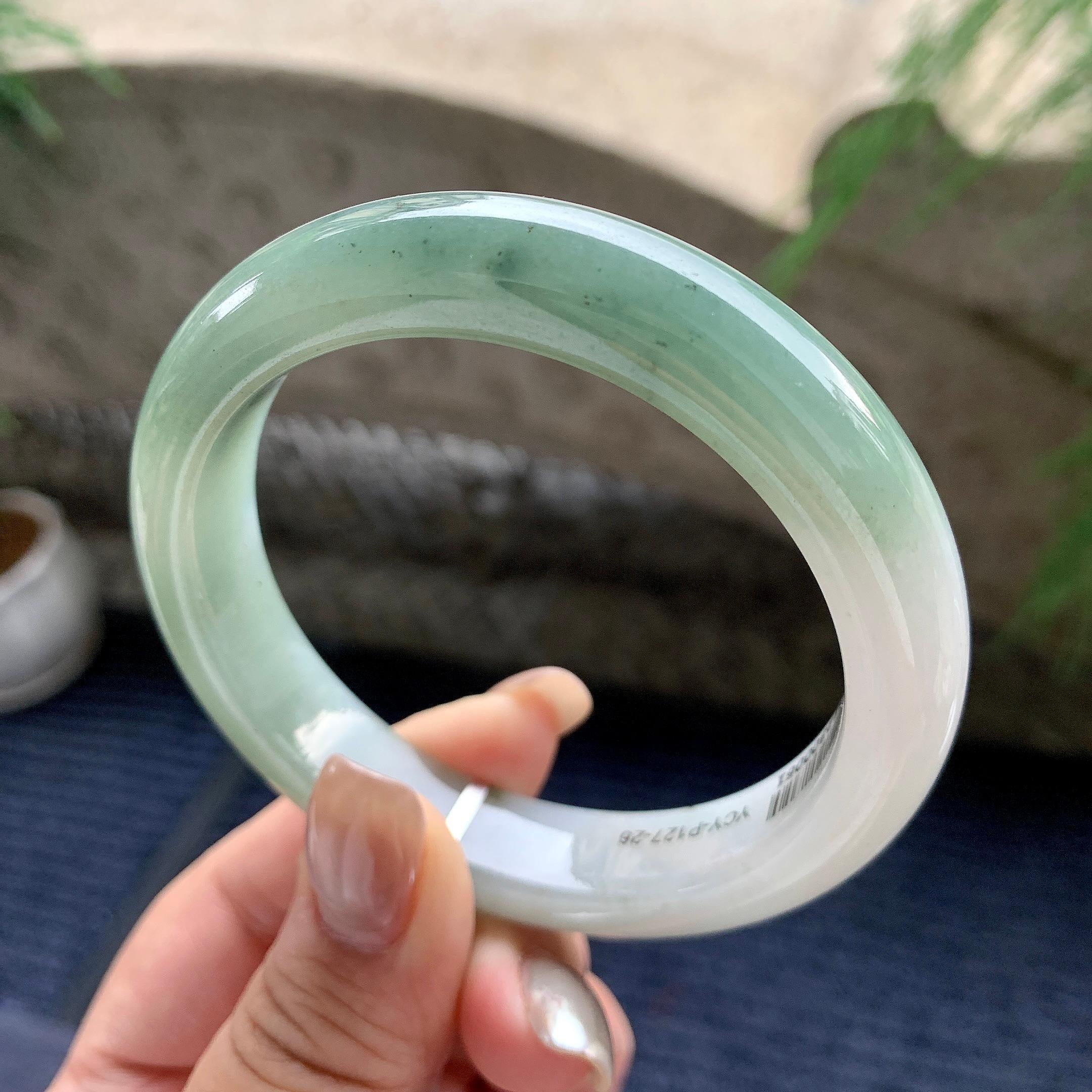 大圈口  细糯种油青半山水正圈平安镯  59圈口  天然缅甸A货翡翠（yc436241）