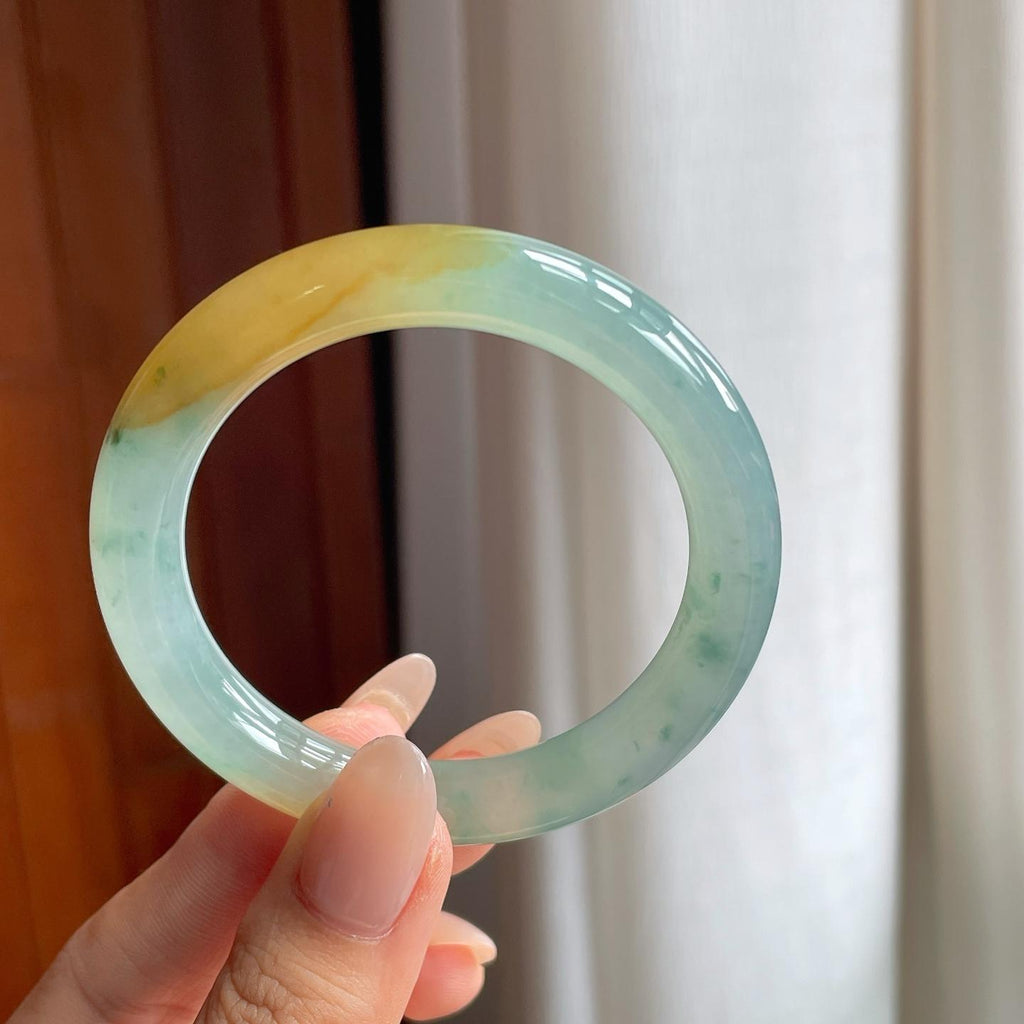 冰种黄翡飘花翡翠圆条手镯（51.5mm）（yc240467）