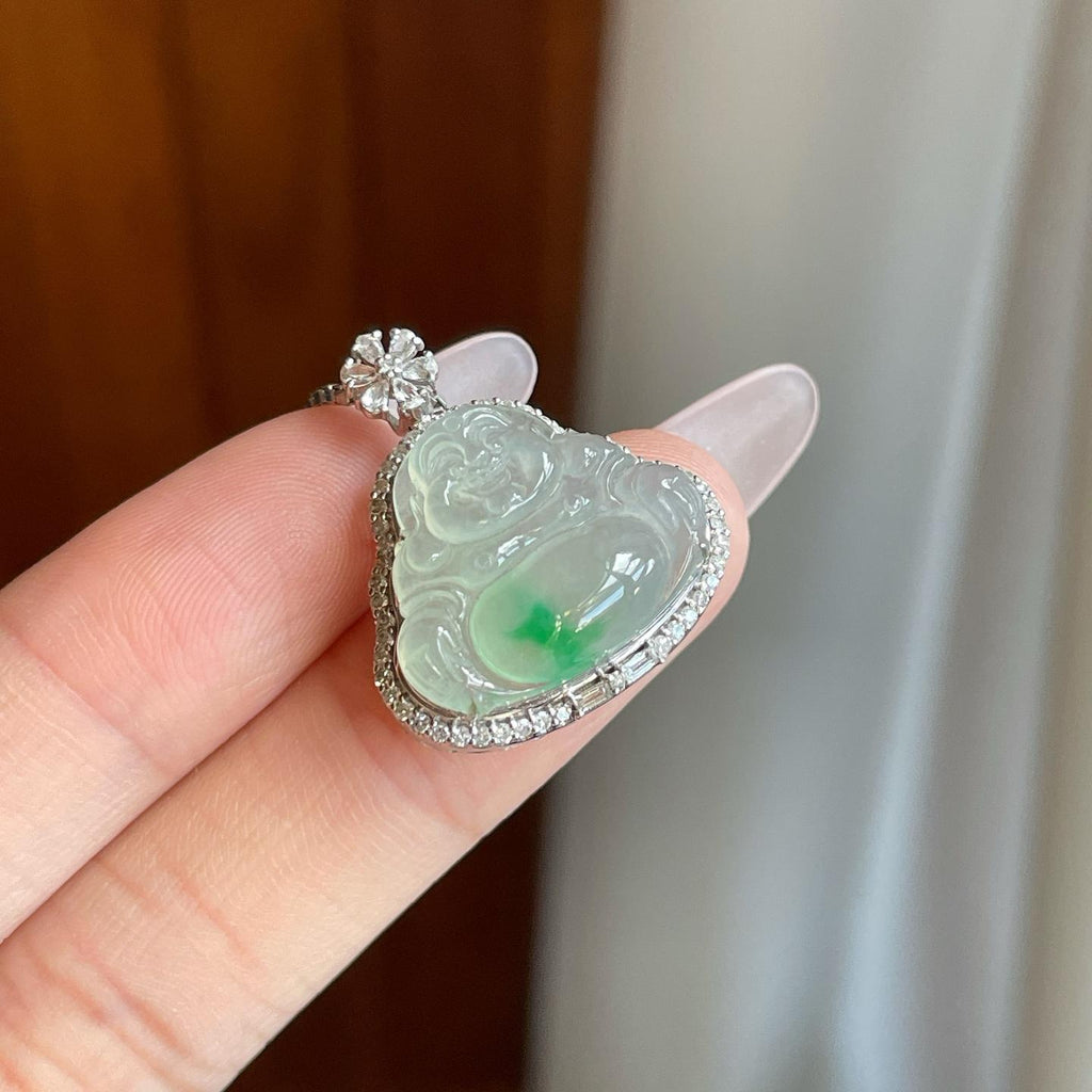 18k金钻镶冰种飘花翡翠佛公（yc269032）