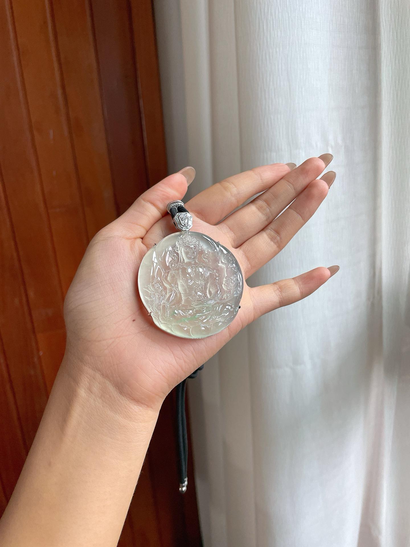18k金钻镶冰玻种飘绿花翡翠度母挂件（yc197234）