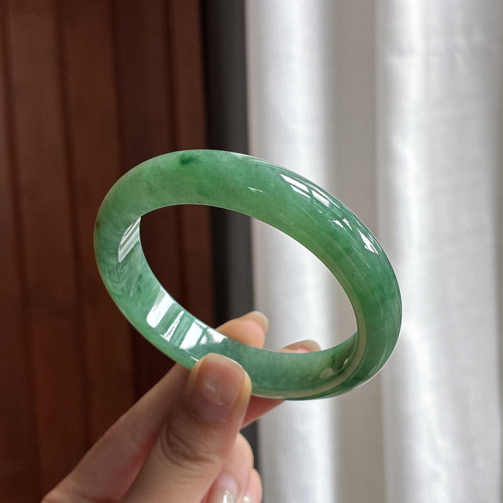 糯冰满绿飘花正圈平安镯 56圈 天然缅甸A货翡翠（yc484753）