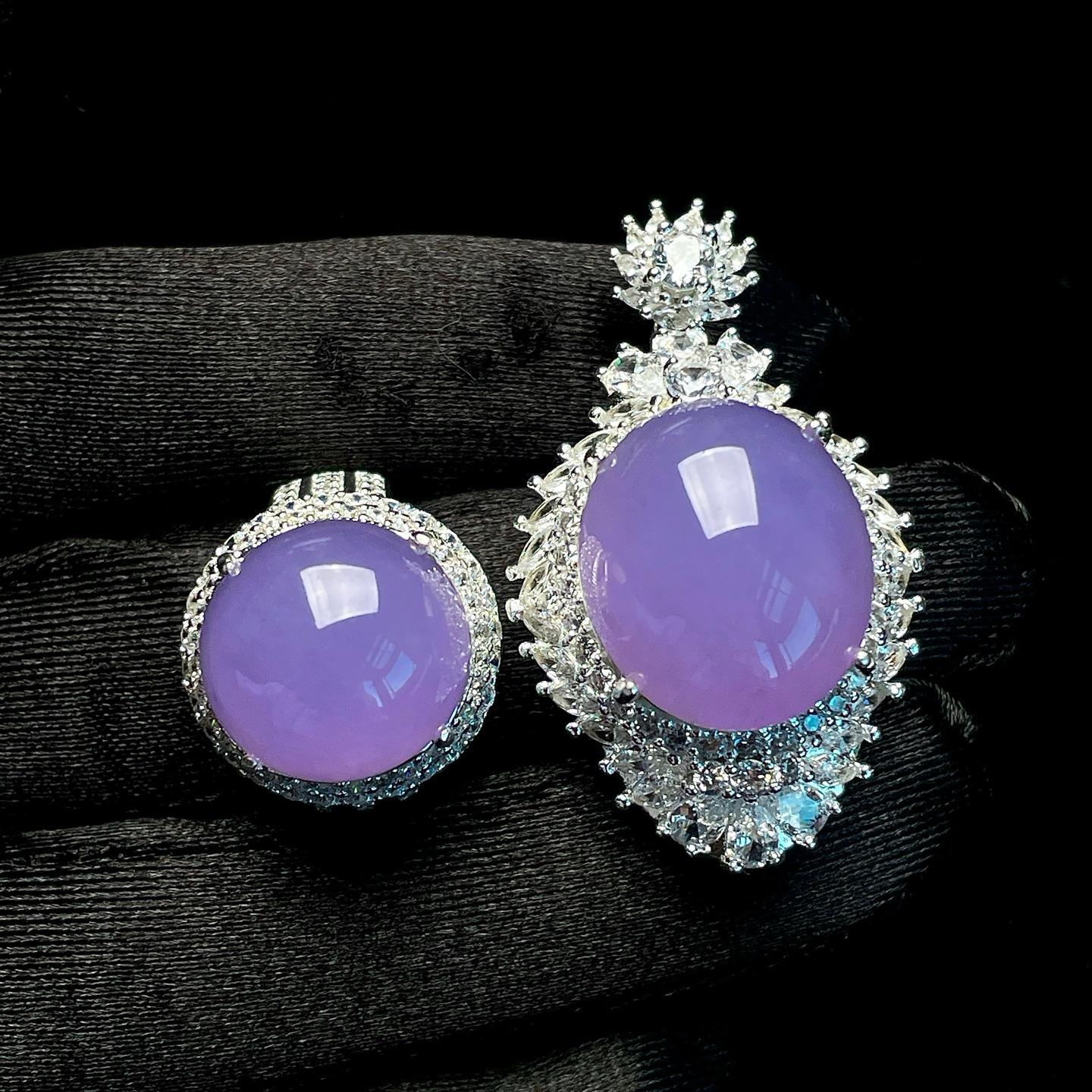 铜托糯冰紫罗兰翡翠蛋面一套（yc266467）