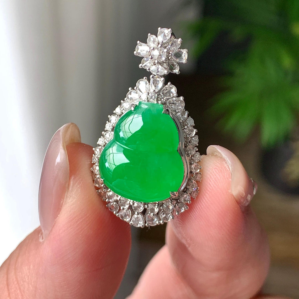 18K金钻镶糯冰种阳绿葫芦吊坠  天然缅甸A货翡翠（yc403012）