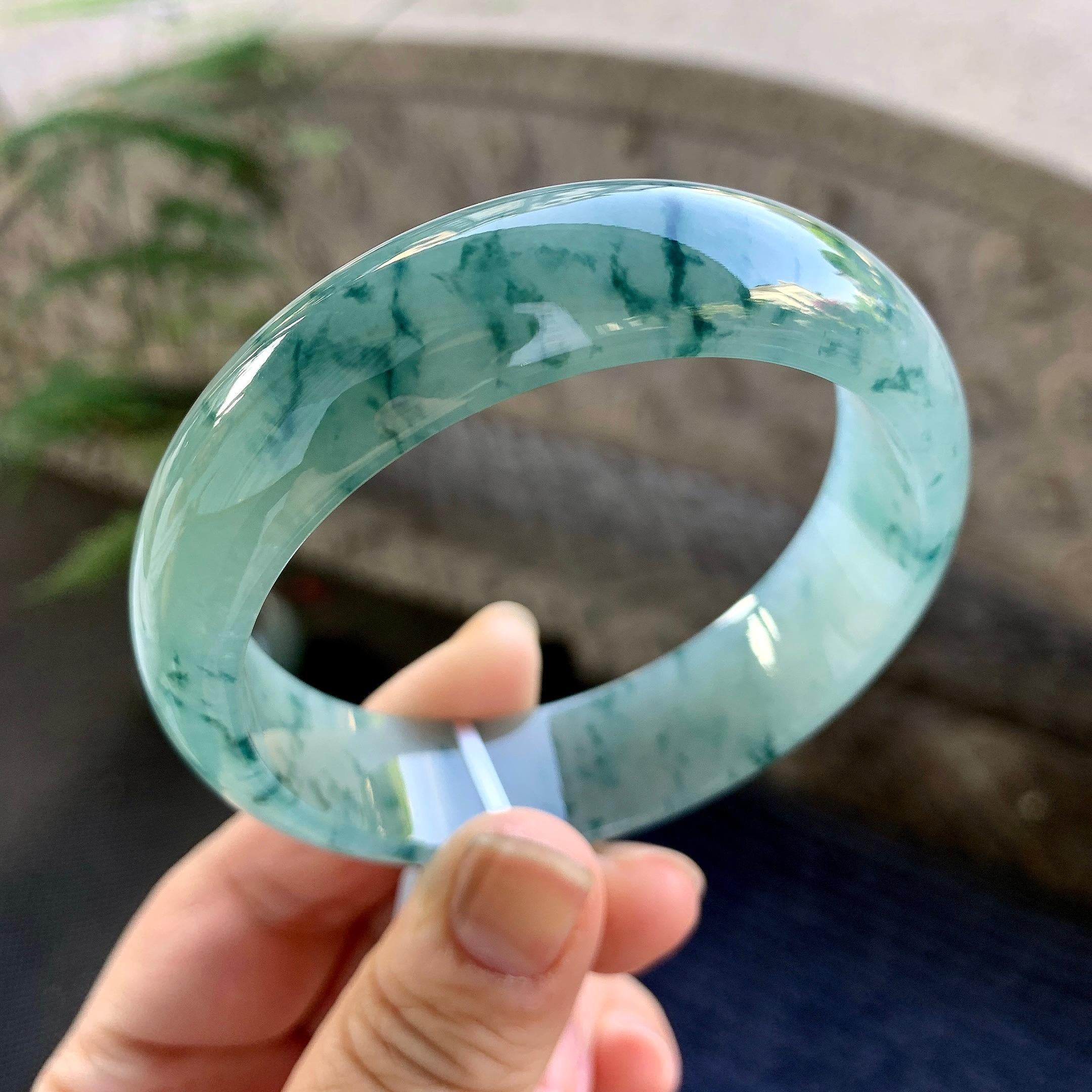 糯冰种飘花宽版轮胎手镯（58.7mm）（yc264086）