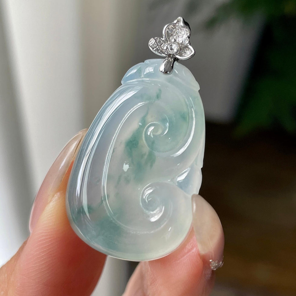 18k金钻镶糯冰种飘兰花如意吊坠    天然缅甸A货翡翠（yc346451）
