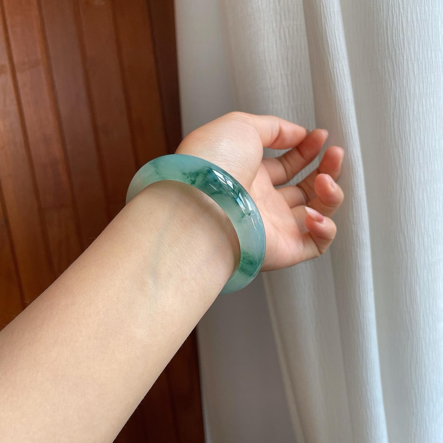冰种宽版飘花翡翠平安镯（57mm）（yc329505）