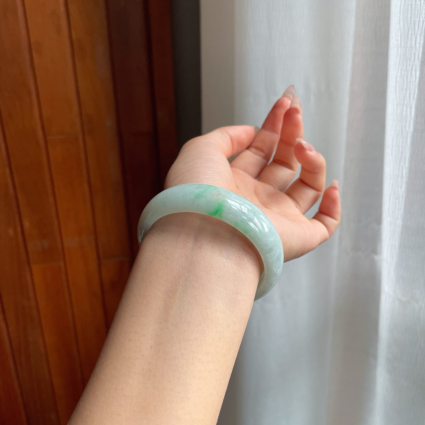 糯冰种带色翡翠平安镯（53mm）