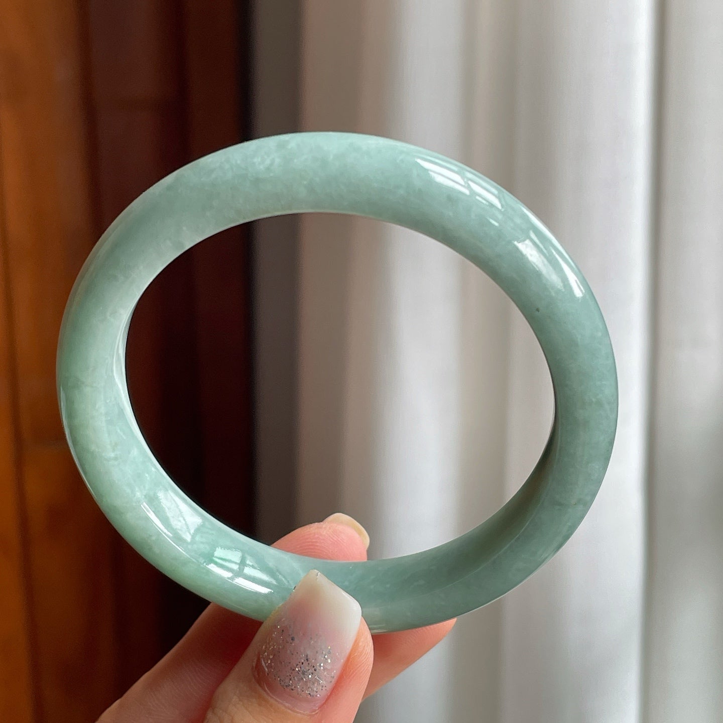 糯种湖水绿翡翠平安镯（58.5mm）
