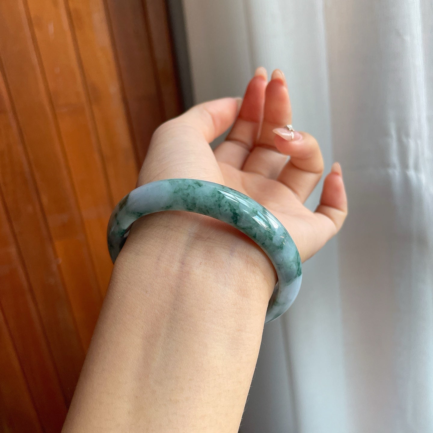 糯种飘花翡翠平安镯（56mm)