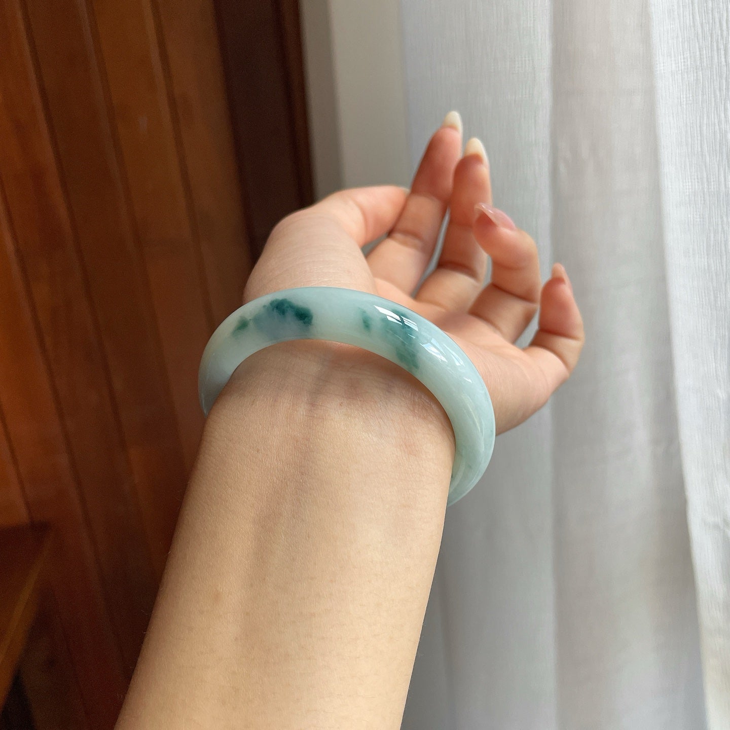 糯冰种飘花翡翠平安镯（51mm）
