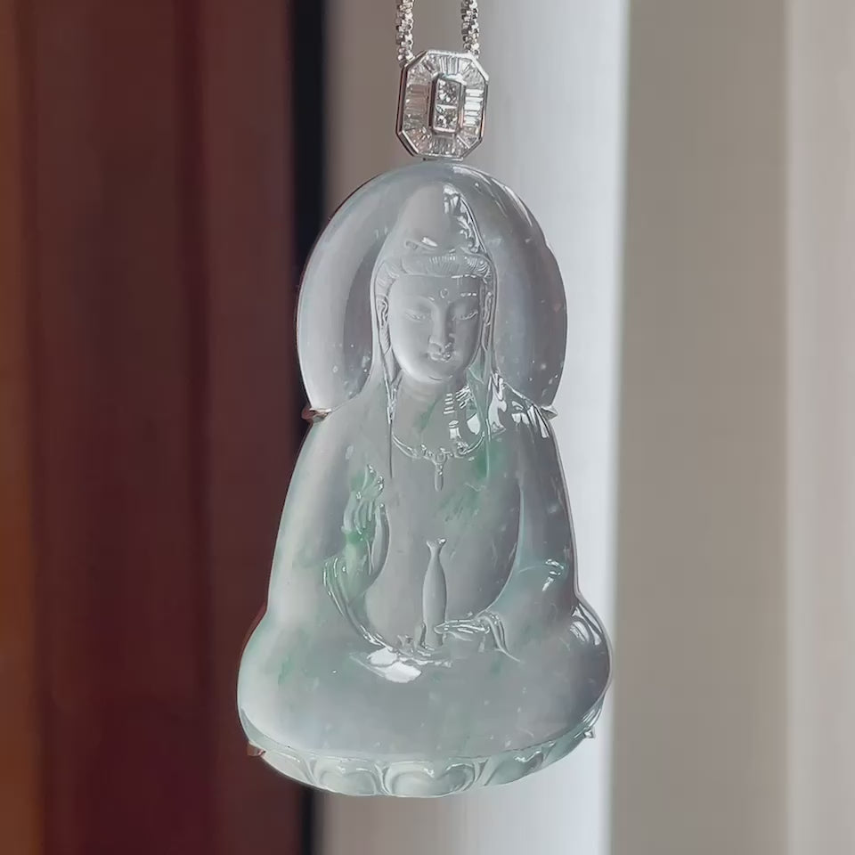 18k金钻镶冰玻种飘花翡翠观音（yc190959）